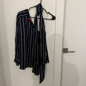 Hugo Boss Women's "Casini" Blue Striped Open Shoulder Blouse Top